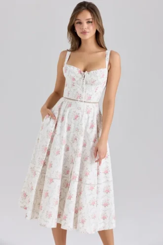 Abito midi in cotone con stampa Chiarina Rose e chiusura frontale con bottoni
