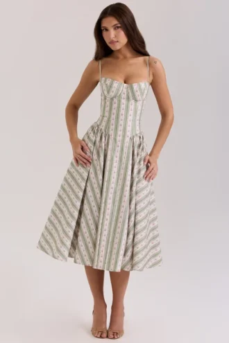 Abito midi in cotone con stampa floreale a righe Samaria Sage
