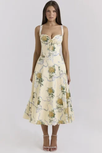 Abito midi in cotone con stampa vintage a nastri ‘Rosalee’