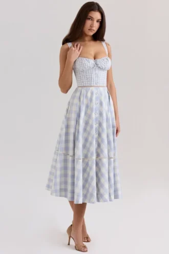 Abito midi in cotone elasticizzato a quadretti azzurri “Chiarina”
