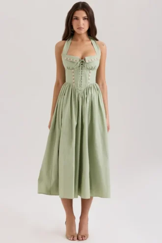 Abito midi in cotone elasticizzato con scollo all’americana Emilia Sage