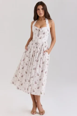 Abito midi in cotone elasticizzato con stampa floreale color crema e scollo all’americana “Emilia”