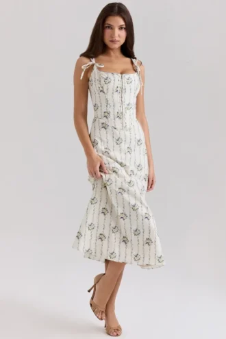 Abito midi in cotone elasticizzato con stampa margherite color crema “Dionne”