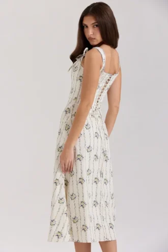 Abito midi in cotone elasticizzato con stampa margherite color crema “Dionne”