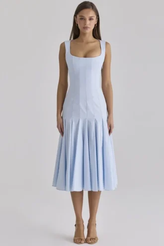 Abito midi in cotone plissettato con allacciatura sul retro “Soretta Blue”