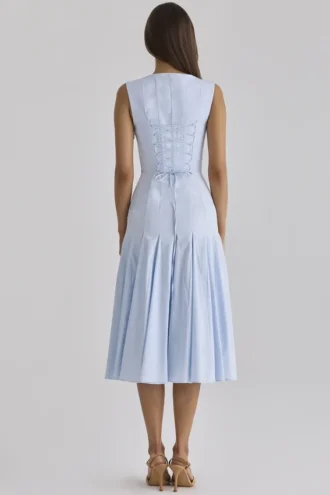 Abito midi in cotone plissettato con allacciatura sul retro “Soretta Blue”