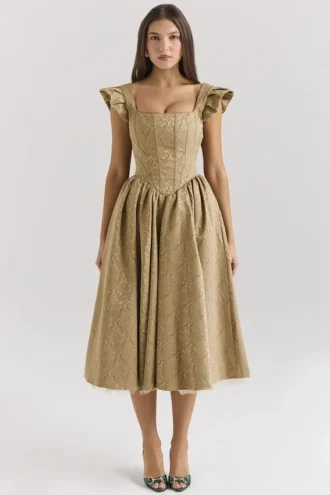 Abito midi in jacquard dorato “Alessandra” con fiocco staccabile
