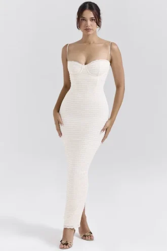 Abito midi in pizzo con volant color crema “Elinor”