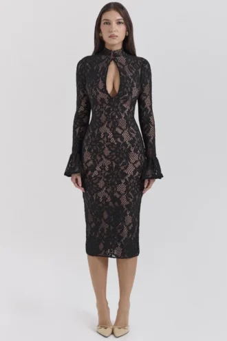 Abito midi in pizzo nero Pierette