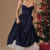 Abito midi in raso e tulle blu navy “Mademoiselle”