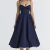 Abito midi in raso e tulle blu navy “Mademoiselle”