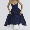 Abito midi in raso e tulle blu navy “Mademoiselle”