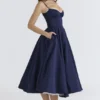 Abito midi in raso e tulle blu navy “Mademoiselle”