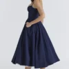 Abito midi in raso e tulle blu navy “Mademoiselle”