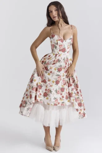 Abito midi in tulle con stampa di rose italiane Mademoiselle