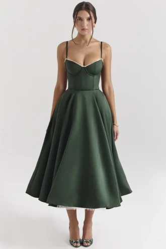 Abito midi in tulle di raso verde bosco Mademoiselle