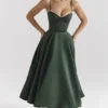 Abito midi in tulle di raso verde bosco Mademoiselle