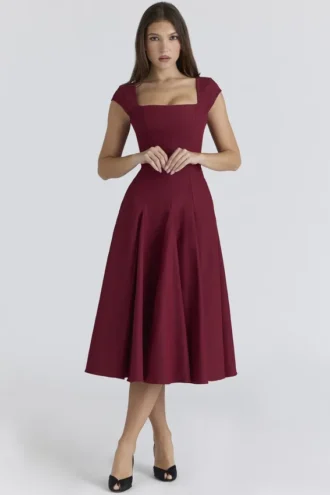 Abito midi in twill con dorso in pizzo color vino Raisa