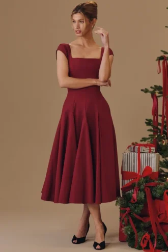 Abito midi in twill con dorso in pizzo color vino Raisa