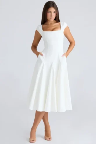 Abito midi in twill con scollo quadrato Raisa bianco