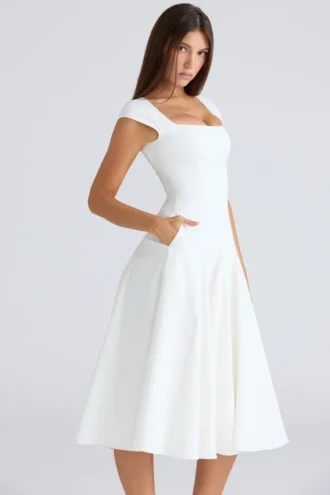 Abito midi in twill con scollo quadrato Raisa bianco