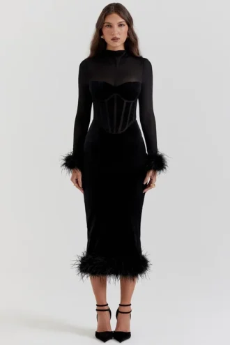 Abito midi in velluto nero Lianna