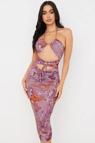 Abito midi Kasia con cut-out e motivo a spirale viola