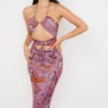 Abito midi Kasia con cut-out e motivo a spirale viola