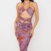 Abito midi Kasia con cut-out e motivo a spirale viola