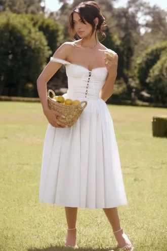 Abito midi Milia bianco con ricamo inglese e cotone