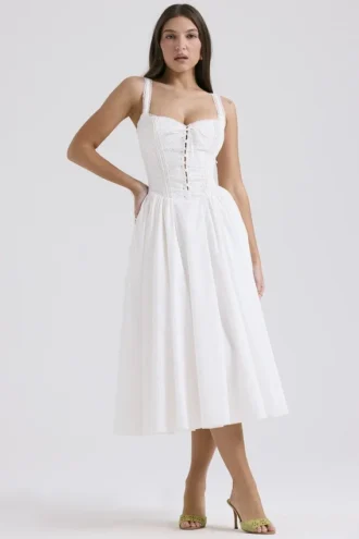Abito midi Milia bianco con ricamo inglese e cotone