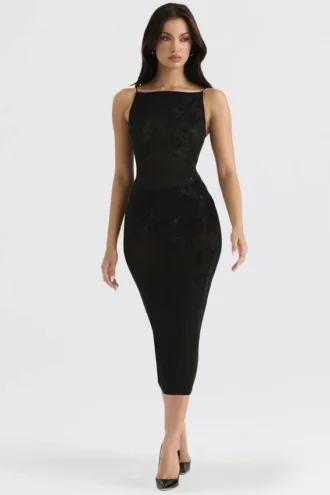 Abito midi nero Amirah con cristalli decorati