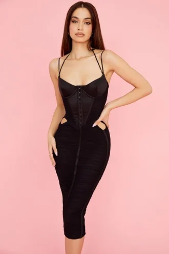 Abito midi nero con ruches Maya