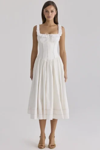 Abito midi Phoebe in cotone bianco con bordi in broderie anglaise