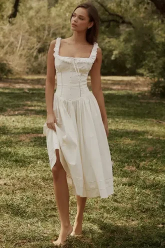 Abito midi Phoebe in cotone bianco con bordi in broderie anglaise