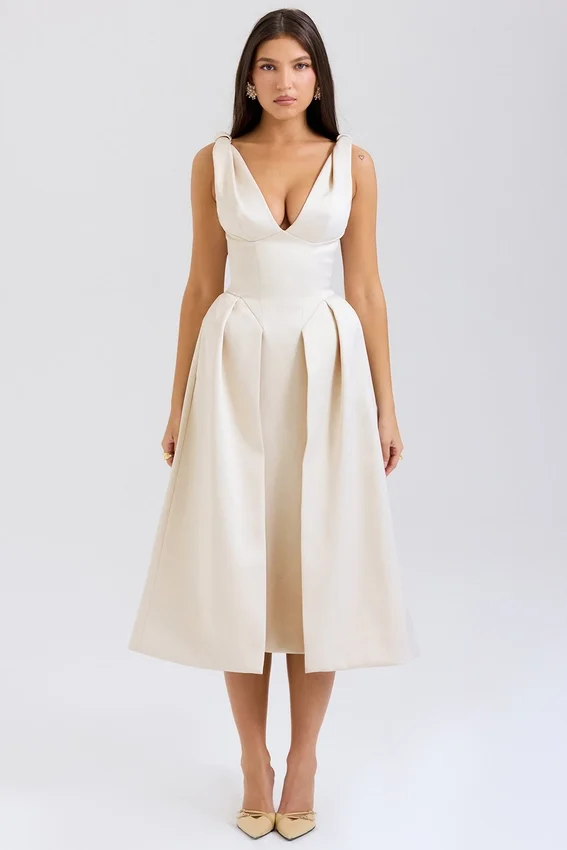 Abito midi plissettato in raso color crema vintage Paloma