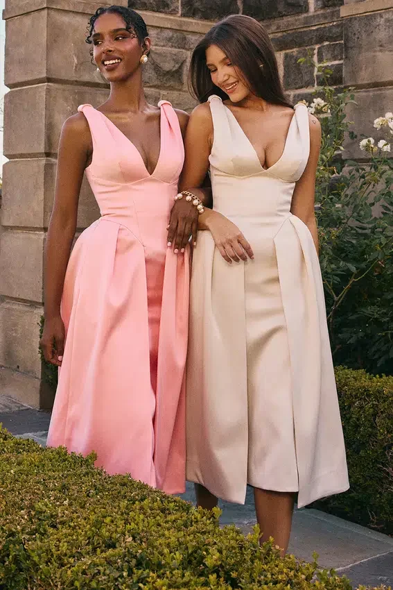 Abito midi plissettato in raso color crema vintage Paloma