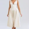 Abito midi plissettato in raso color crema vintage Paloma