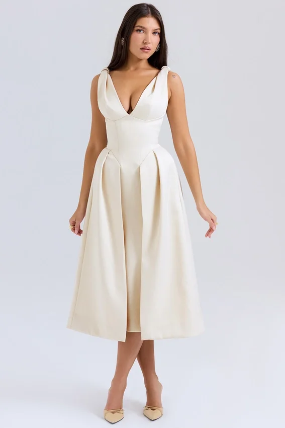 Abito midi plissettato in raso color crema vintage Paloma
