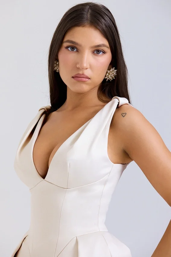 Abito midi plissettato in raso color crema vintage Paloma