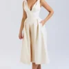 Abito midi plissettato in raso color crema vintage Paloma
