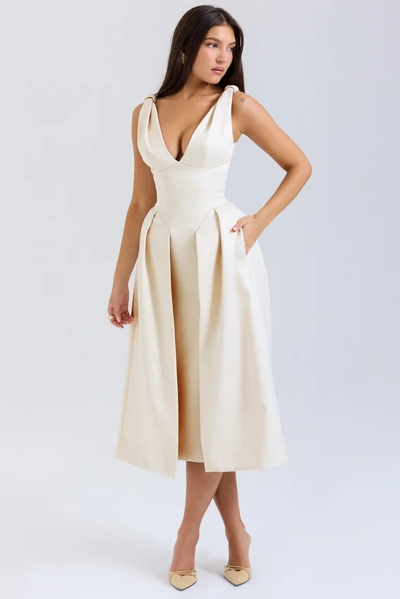 Abito midi plissettato in raso color crema vintage Paloma