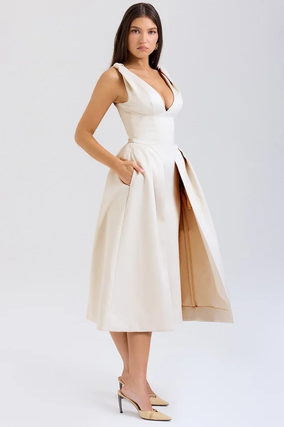 Abito midi plissettato in raso color crema vintage Paloma