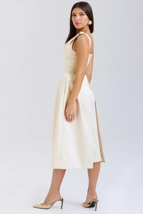 Abito midi plissettato in raso color crema vintage Paloma