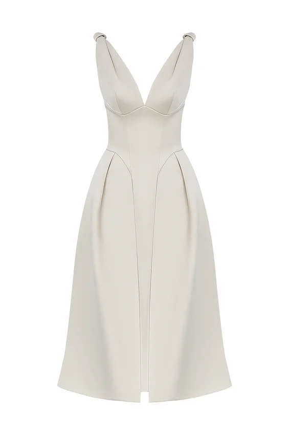 Abito midi plissettato in raso color crema vintage Paloma