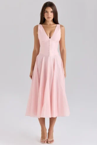 Abito midi rosa in chiffon con bottoni Samira