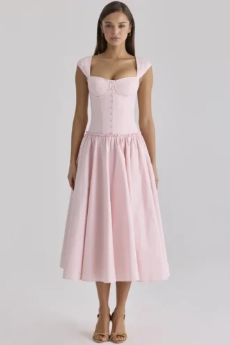 Abito midi rosa in cotone con maniche ad aletta Kaia
