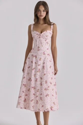 Abito midi Rosalee con stampa floreale rosa vintage
