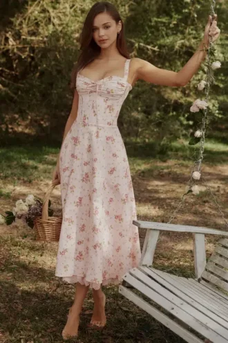 Abito midi Rosalee con stampa floreale rosa vintage