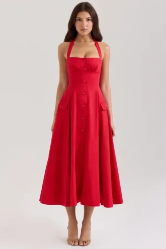 Abito midi rosso in cotone elasticizzato con scollo all’americana e bottoni “Claudia”